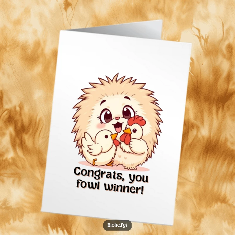 Funny Free Printable Congratulations Card: A fluffy creature gleefully plays with a rubber chicken to celebrate.