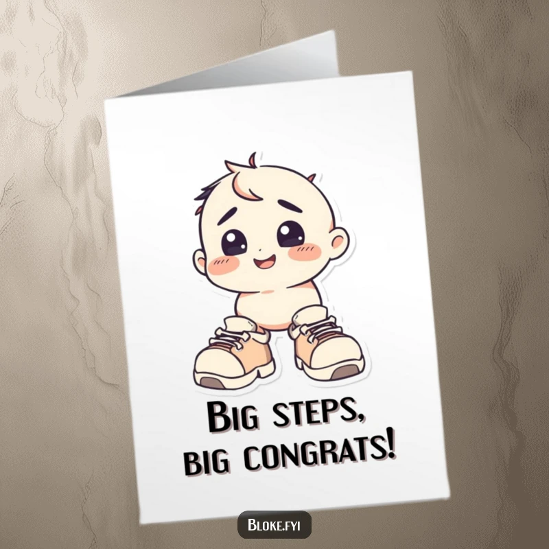 Funny Free Printable Congratulations Card: A squat character with a bewildered face wears huge shoes, celebrating success.