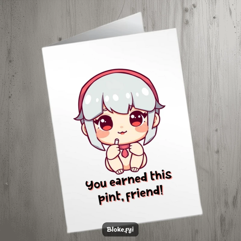 Funny free printable congratulations card: A cheerful, amiable character shares a celebratory pint, perfect for sending good wishes.