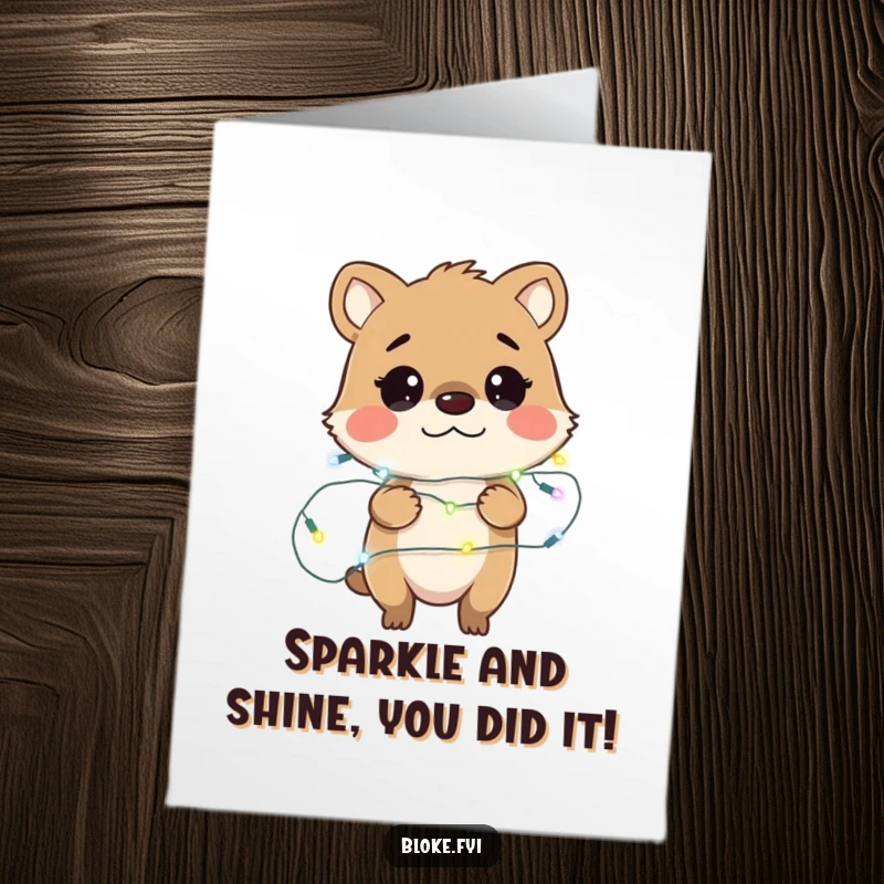 Funny Free Printable Congrats Card: Bewildered animal character hilariously stuck in fairy lights, perfect for surprising someone.