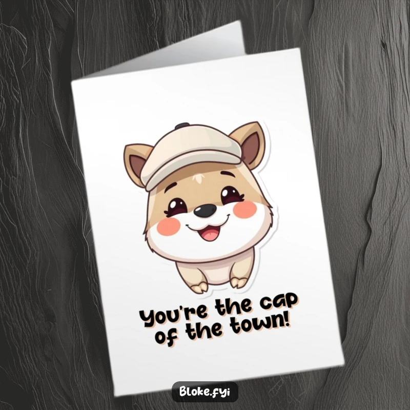 Funny Free Printable Congrats Card: Cute animal in a flat cap grins widely, celebrating a momentous occasion.