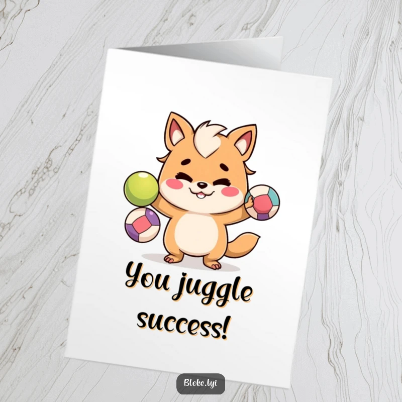 Funny Free Printable Congratulations Card: Mischievous animal character juggling balls, celebrating a successful feat.
