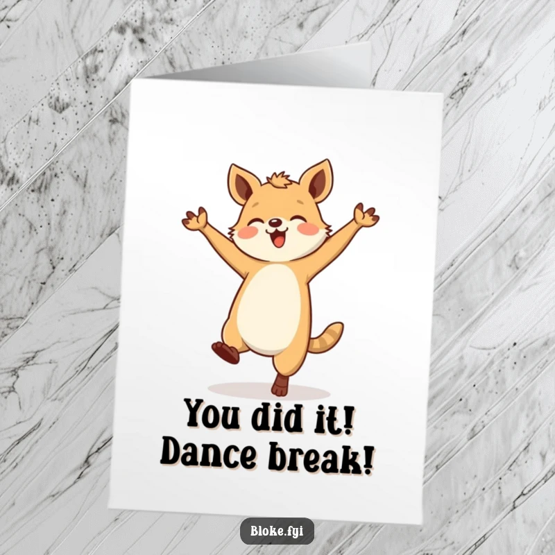 Funny free printable congratulations card: A sturdy animal doing a clumsy yet ecstatic dance, perfect for celebrating wins. Downloadable art.