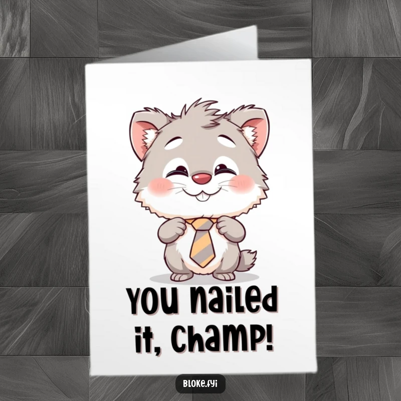 Funny Free Printable Congratulations Card: Creature adjusting an askew tie, offering a cheeky grin.