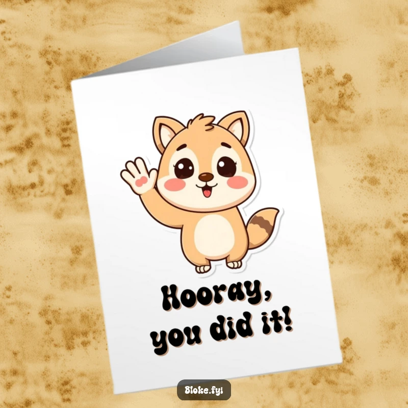 Funny Free Printable Congratulations Card: Stylized animal character with a friendly, enthusiastic wave, celebrating achievements. Downloadable humor.