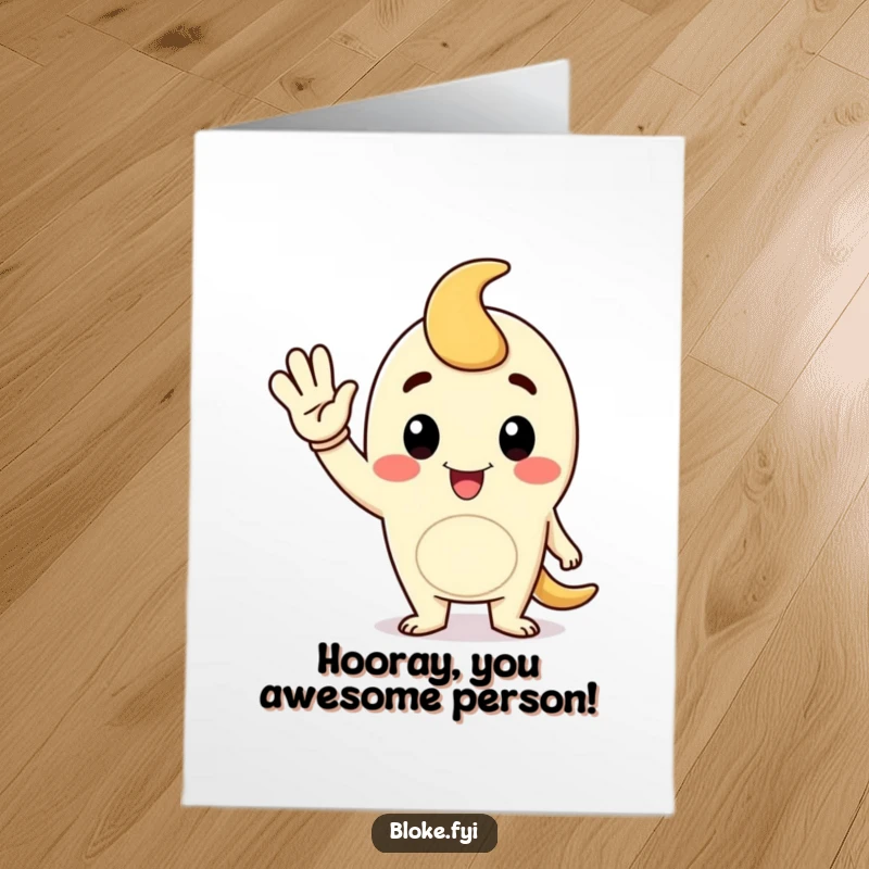 Funny Free Printable Congratulations Card: A cartoon fellow waves enthusiastically with a jaunty, celebratory gesture.