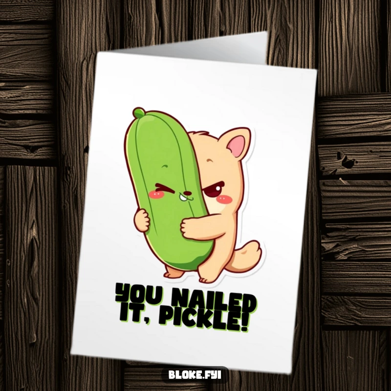 Funny Free Printable Congratulations Card: A bloke animal character winks slyly while holding a giant pickle, celebrating victory.