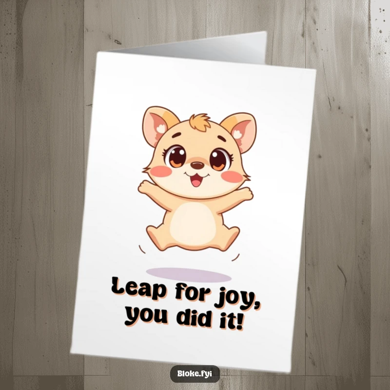 Funny Free Printable Congratulations Card: an excited animal with wide eyes attempts a clumsy jump after success.