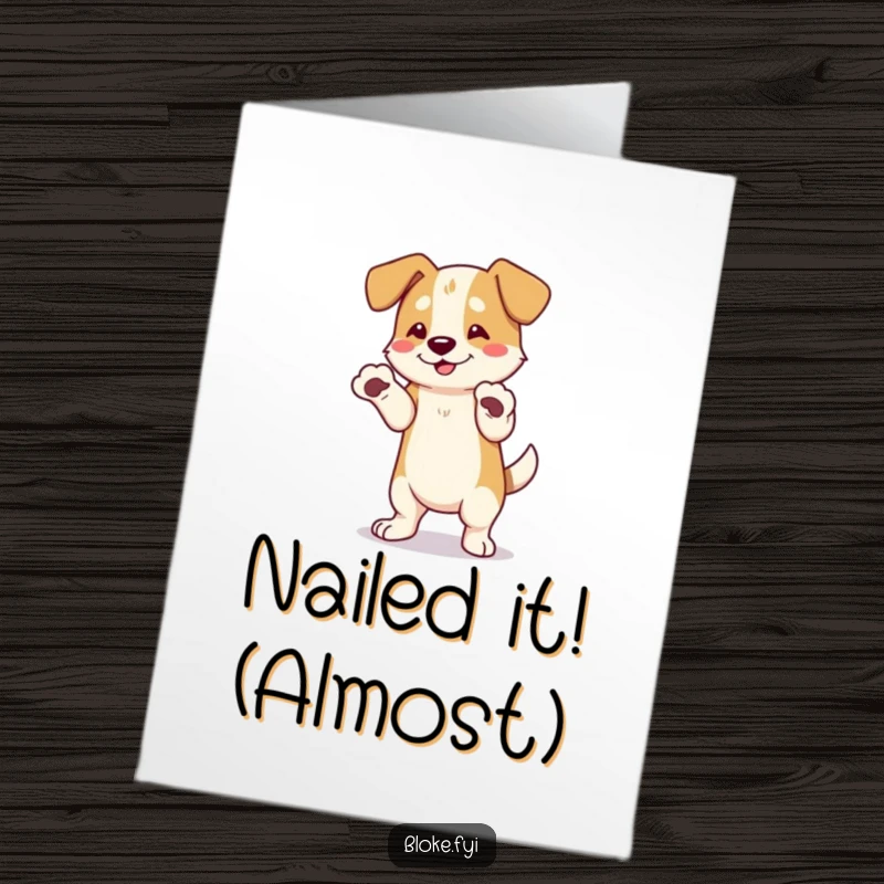 Funny Free Printable Congratulations Card: A dog with oversized paws celebrates with an awkward, endearing dance.