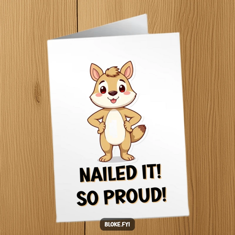 Funny Free Printable Congratulations Card with a proud, smiling animal character, hands on hips, a triumphant downloadable card.