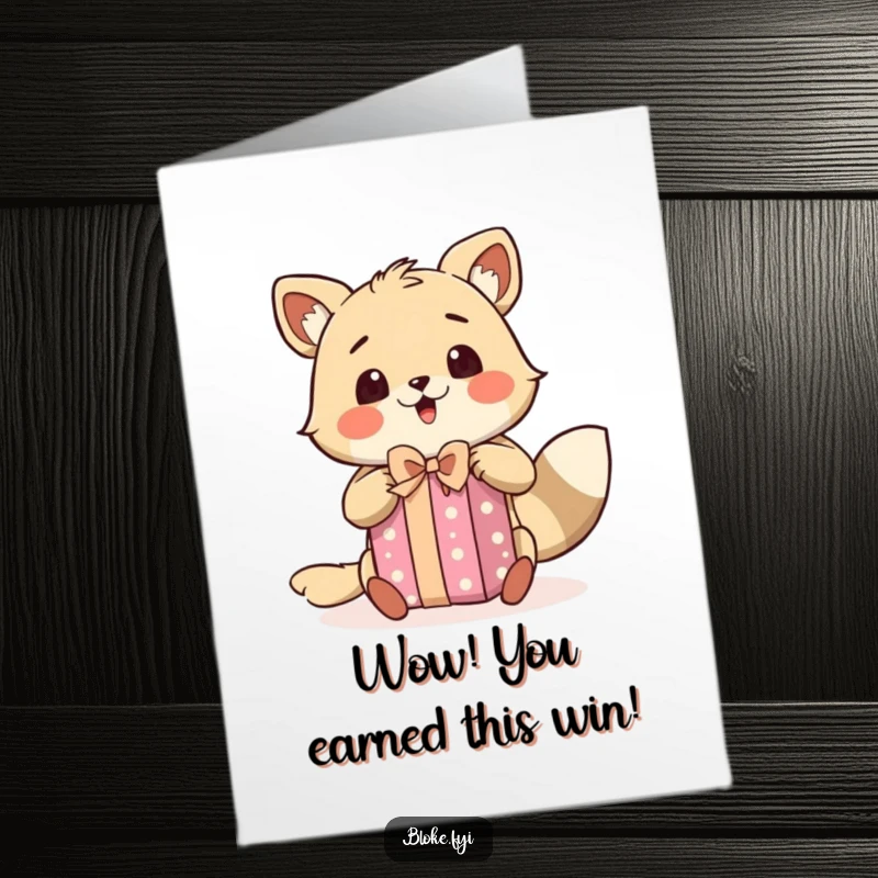Funny Free Printable Congrats Card: Animal character with a surprised look, excitedly unwrapping a present, a joyful discovery.