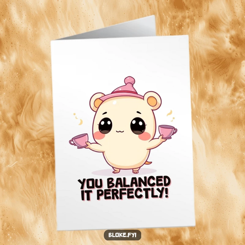 Funny Free Printable Congratulations Card: A creature with big eyes juggles teacups, celebrating their achievement with flair.