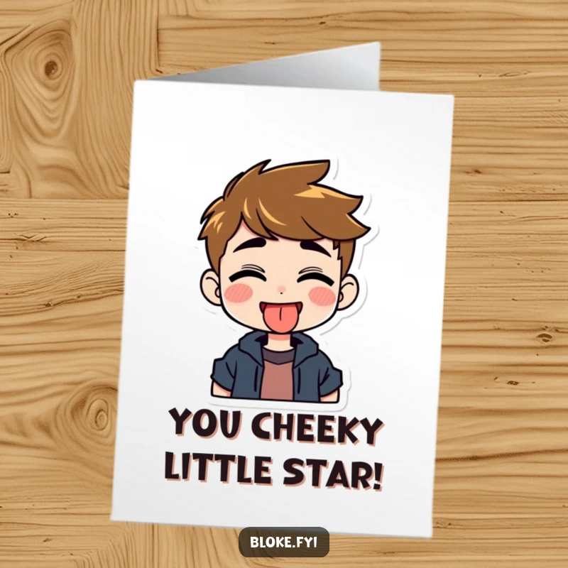 Funny Free Printable Congratulations card: Grinning guy character playfully sticking out his tongue in celebration.