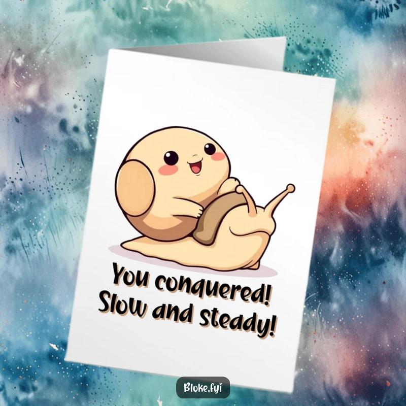 Funny Free Printable Congratulations Card: Bloke animal tumbling over a huge friendly snail, celebrating a surprising success.