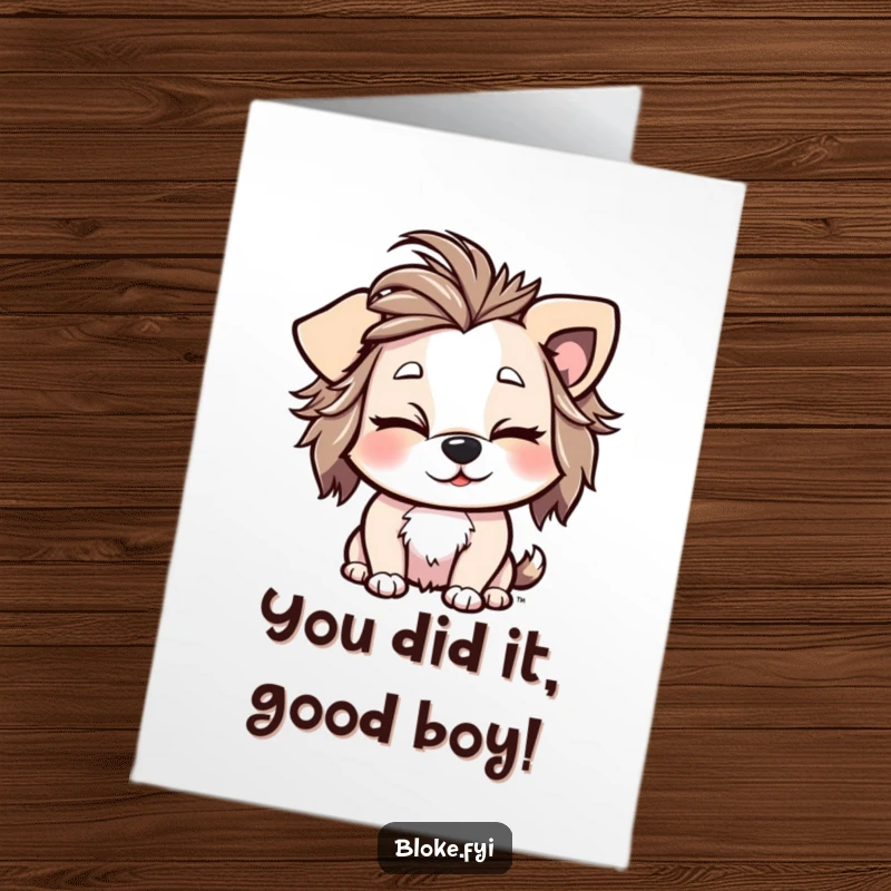 Funny Free Printable Congratulations Card: Playful dog with messy hair winking cheekily.