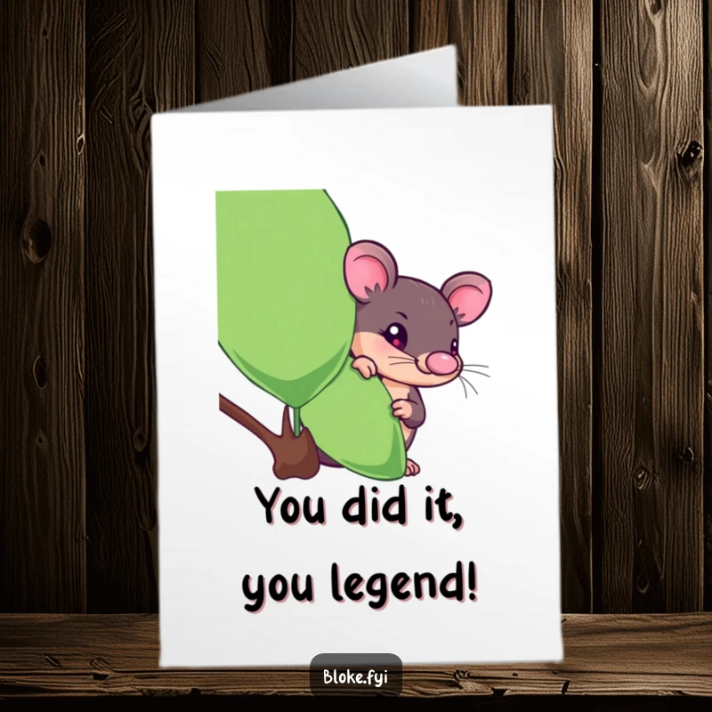 Funny free printable congratulations card showing a curious platypus peeking from behind a eucalyptus leaf, celebrating their win secretly.