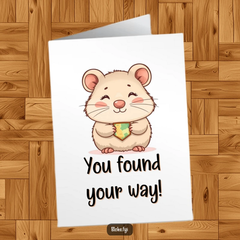 Funny free printable congratulations card showing a shy wombat smiling gently while wearing a tiny map, celebrating a new direction.