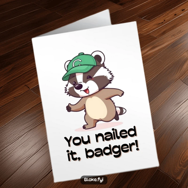 Funny Free Printable Congratulations Card: Jolly badger in a cap awkwardly attempting to skip.