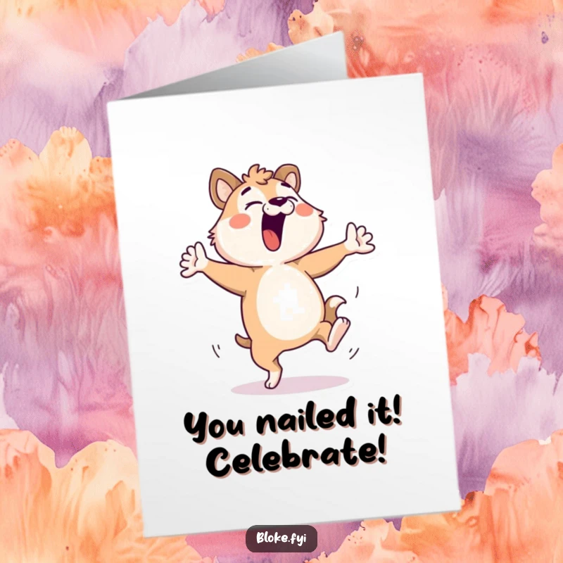 Funny Free Printable Congratulations Card: Bloke animal character performing an energetic, comical dance with feet flailing.