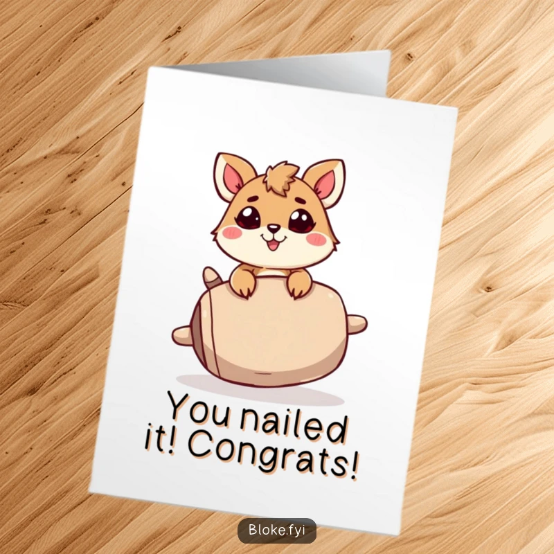Funny Free Printable Congratulations Card: A determined animal character precariously balances a large, unsteady object, symbolizing achievement.
