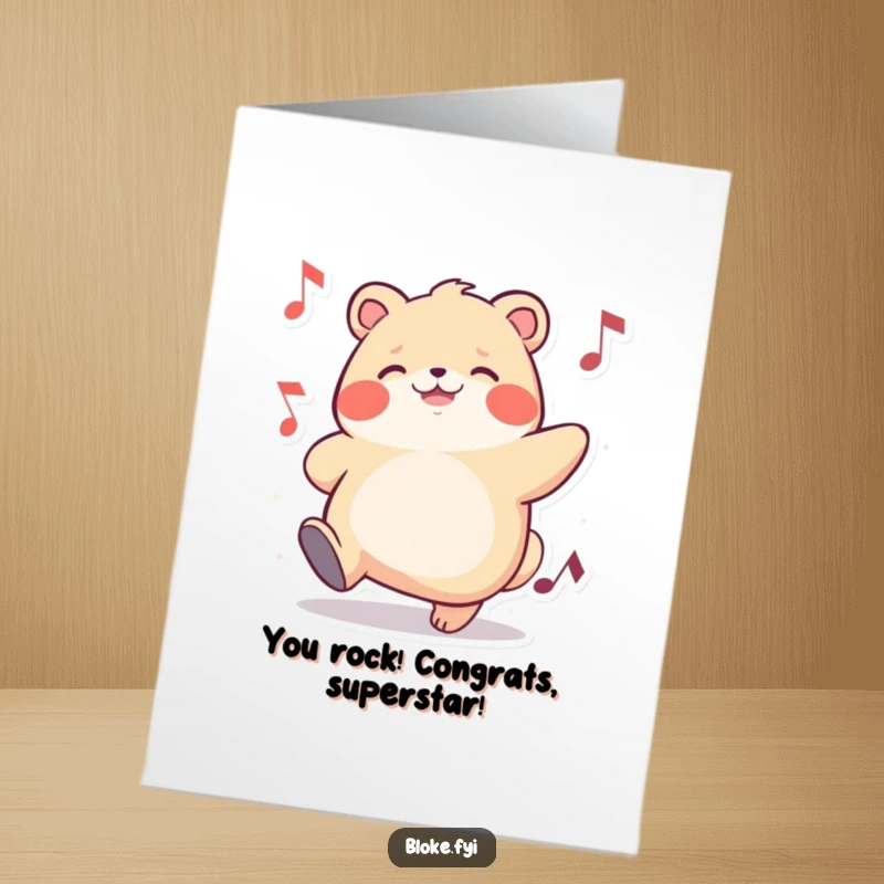 Funny Free Printable Card: Chubby animal tapping foot to music, celebrating a success with infectious rhythm, great for downloadable joy.