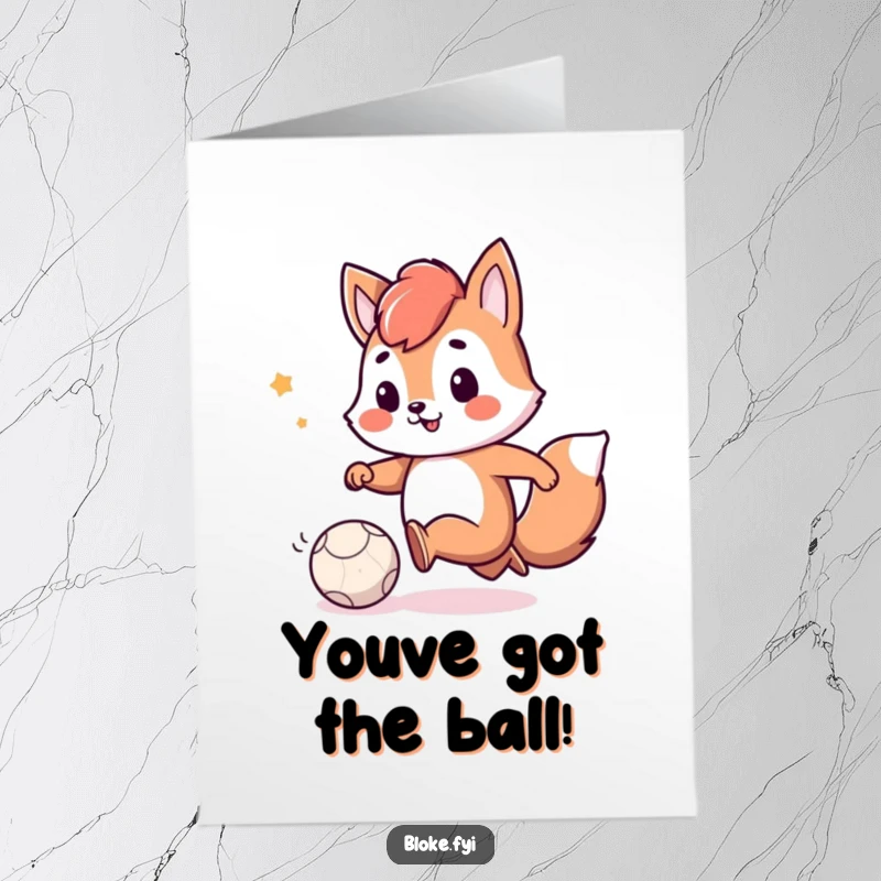 Funny Free Printable Congratulations Card: Playful animal character smiling while kicking a small, deflated ball. Downloadable celebration.