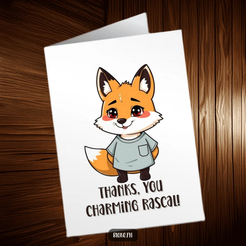 Funny Free Printable Thank You Card: A scruffy, cheerful fox in a t-shirt expresses thanks casually.