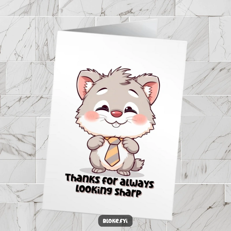 Funny Free Printable Thank You Card: Creature with a cheeky grin fixing its slightly askew tie.