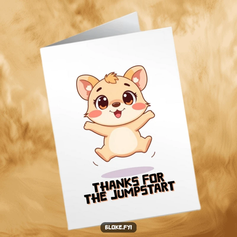 Funny Free Printable Thank You Card: a playful animal with wide, excited eyes attempts a clumsy jump.