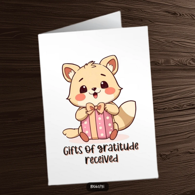 Funny Free Printable Thank You Card: Animal character excitedly unwrapping a gift with a surprised expression, a joyful thank you.