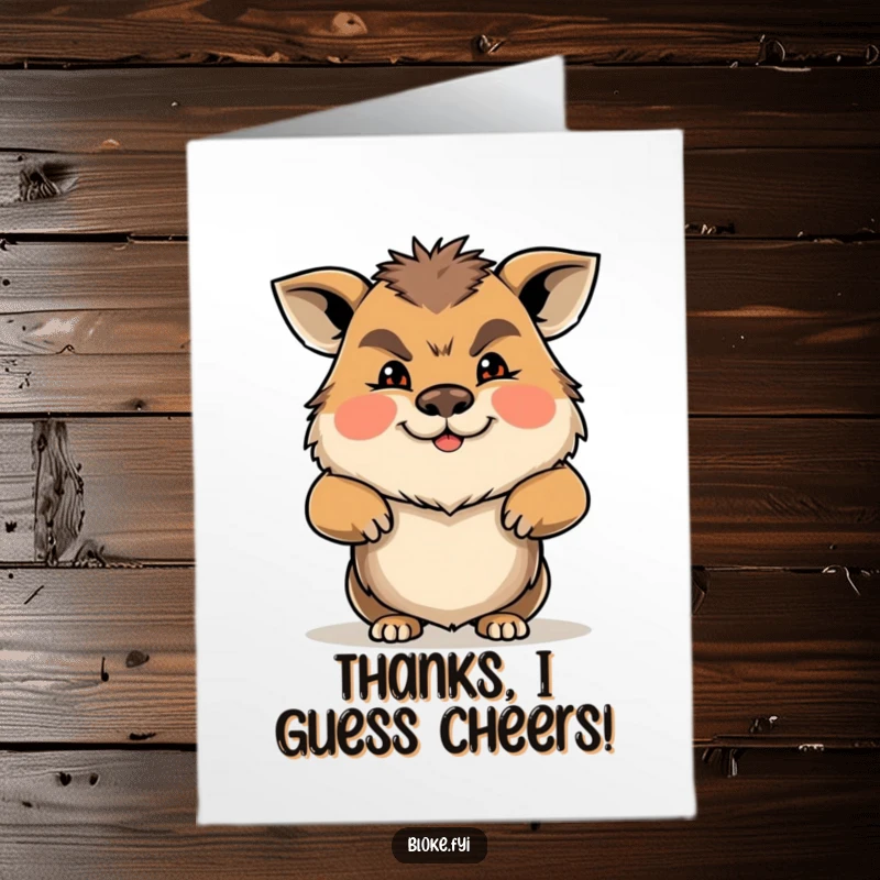 Funny Free Printable Thank You Card: An animal with a gruff but friendly face shrugs, offering a humorous thank you.