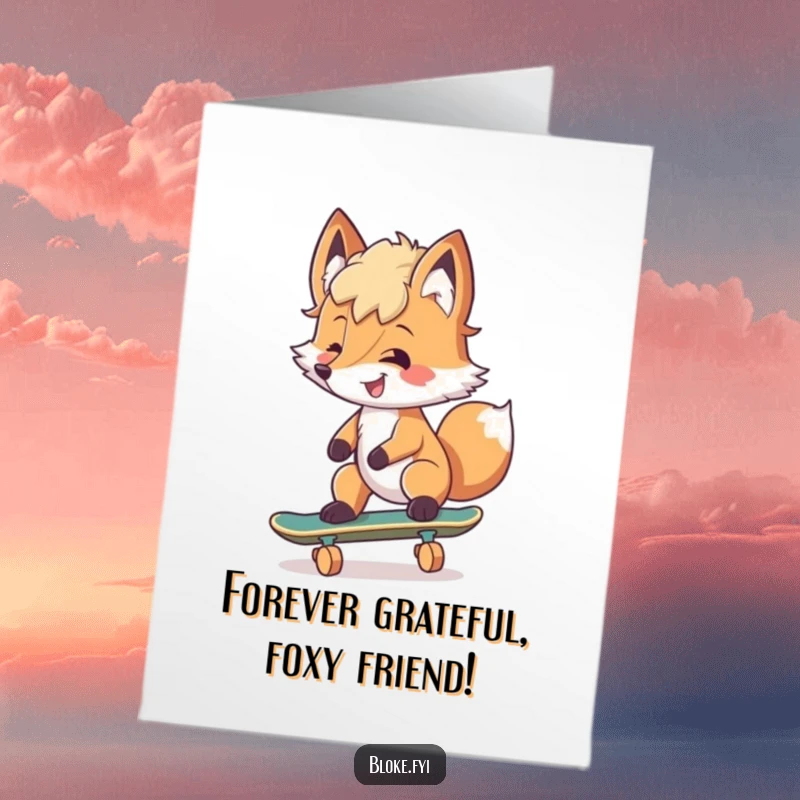 Funny Free Printable Thank You Card: Smiling fox with tousled fur trying to ride a skateboard.