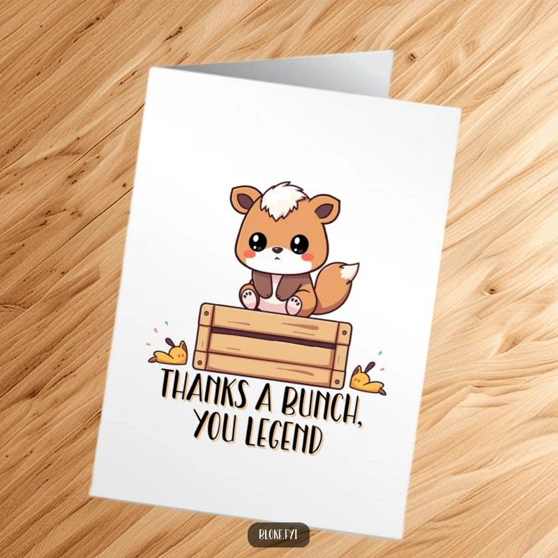 Funny Free Printable Thank You Card: Stylized animal on a crate, pondering gratitude with a gentle, thoughtful look.