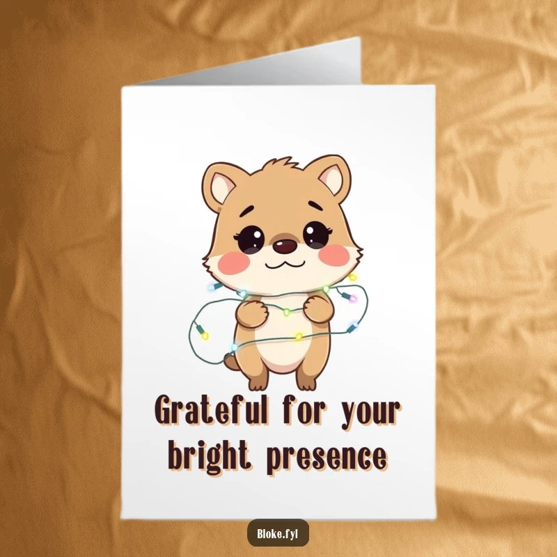 Funny Free Printable Thank You Card: Bewildered animal character entangled in fairy lights, offering a unique thank you message.