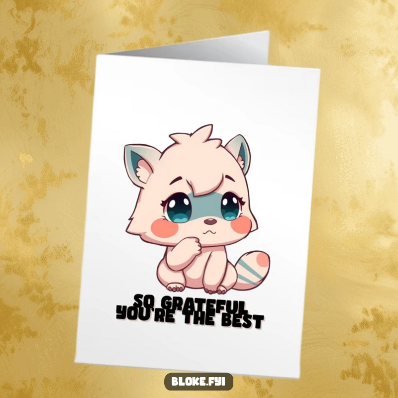 Funny Free Printable Thank You Card: Creature taps chin in deep thought, conveying heartfelt thanks with a pensive expression.