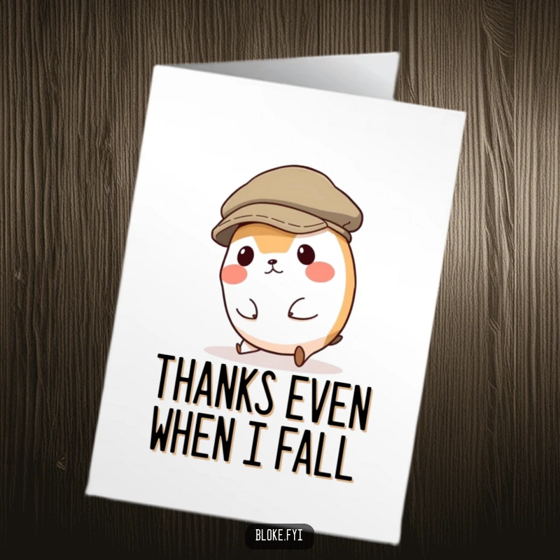Funny Free Printable Thank You Card: Features a small, round character in an oversized flat cap taking a tumble.