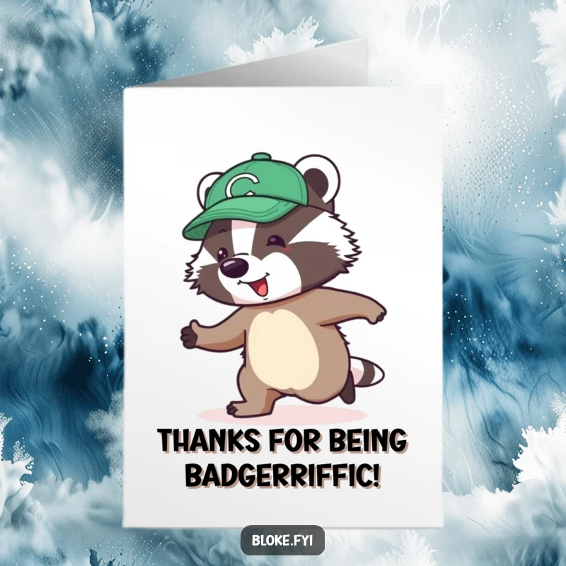 Funny Free Printable Thank You Card: Jolly badger in a cap awkwardly attempting to skip.