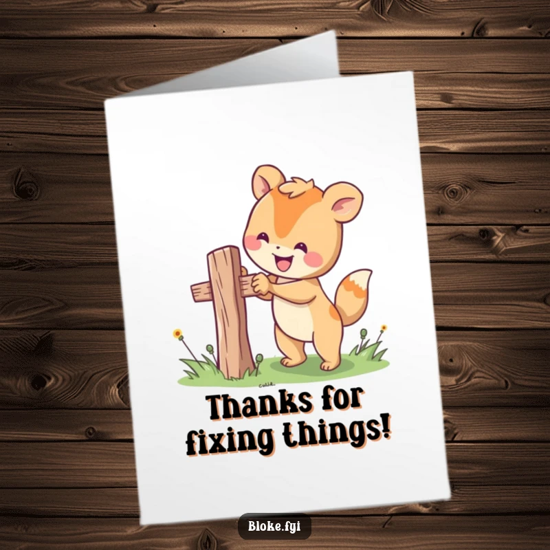 Funny Free Printable Thank You Card: Happy animal character fixing a wobbly fence post, showing helpfulness. Downloadable thanks.