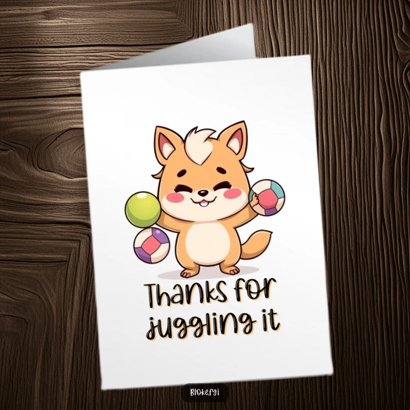 Funny Free Printable Thank You Card: Mischievous animal character juggling balls, expressing playful thanks.