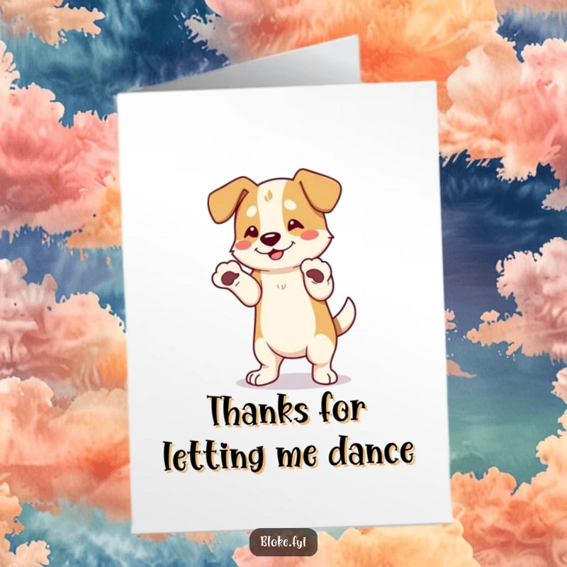 Funny Free Printable Thank You Card: A dog with comically large paws expresses gratitude through a silly dance.