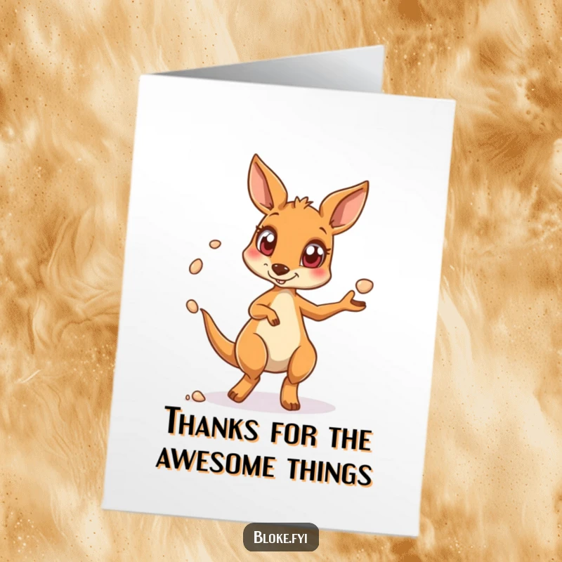Funny free printable thank you card with a surprised kangaroo juggling pebbles, expressing thanks with an amusing flair.