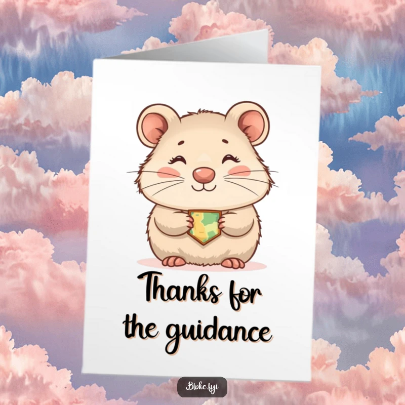 Funny free printable thank you card with a shy wombat wearing a tiny map, smiling softly and showing appreciation.