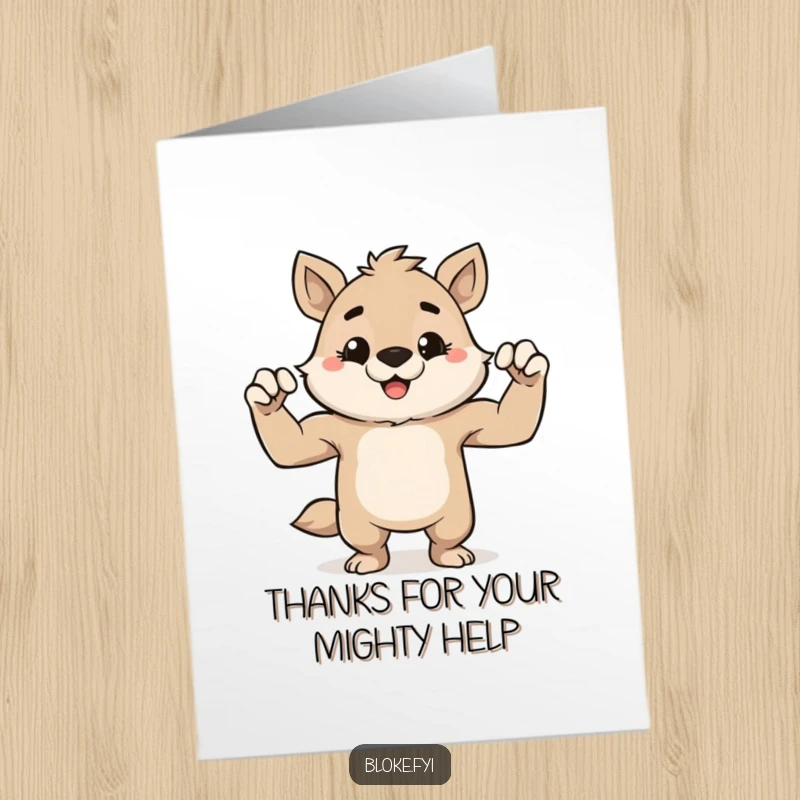 Funny Free Printable Thank You Card: A stout, cute animal with a mischievous grin playfully flexing minuscule muscles.