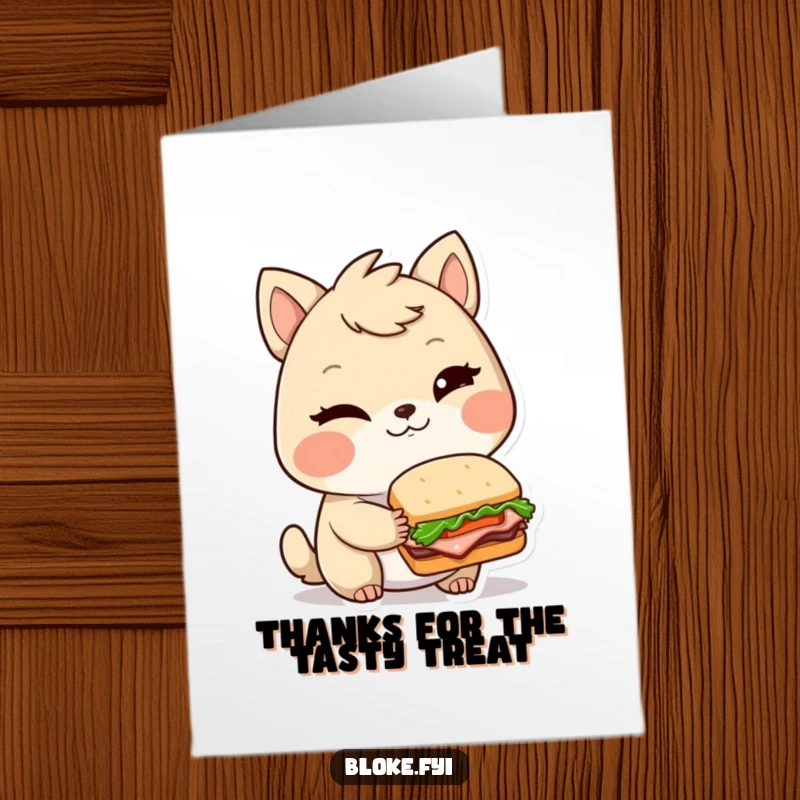 Funny Free Printable Thank You Card: Bloke animal winks, offering a meticulously crafted tiny sandwich, humorously conveying thanks.