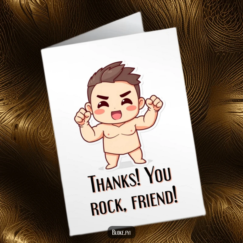 Funny Free Printable Thank You Card: A strong character enthusiastically fist-pumps, showing energetic thanks.