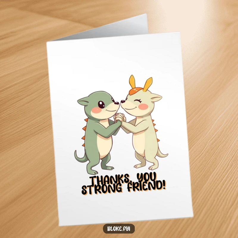 Funny Free Printable Thank You Card: A creature with short limbs arm wrestles playfully, a humorous way to say thanks.