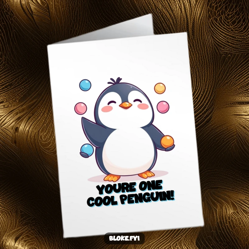Funny Free Printable Thank You Card: Happy, pudgy penguin character juggling three small, round objects.