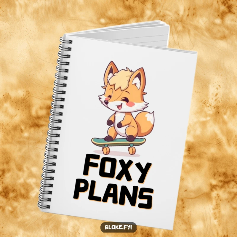 Funny Notebook featuring a smiling fox with tousled fur attempting to skateboard, perfect for notes and doodles.