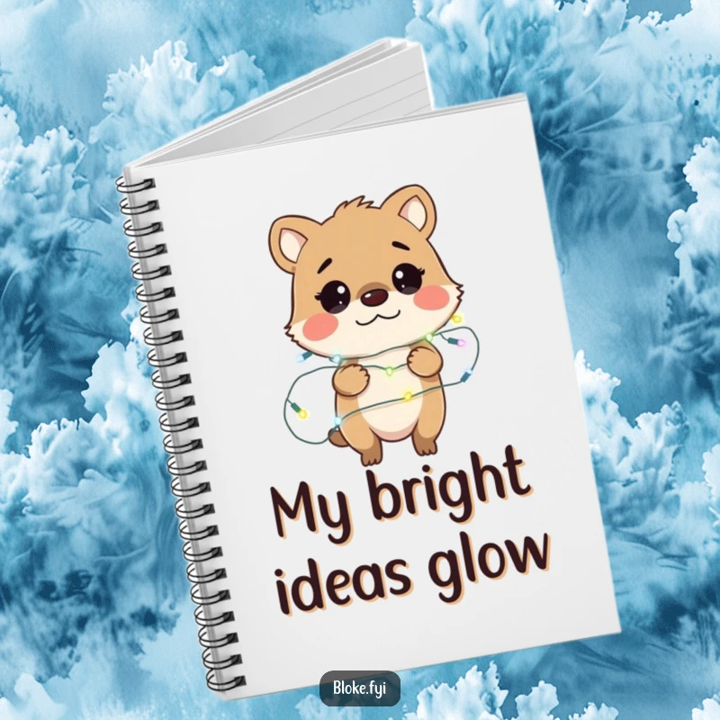 Funny notebook with a bewildered bloke animal character hilariously wrapped in fairy lights, ideal for jotting down notes with a humorous touch.