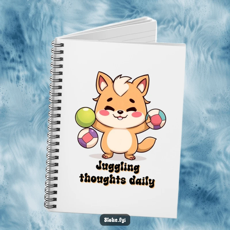 Funny notebook with a mischievous bloke animal character juggling colorful balls, ideal for notes and creative ideas.